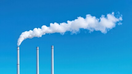 Industrial chimneys emitting white smoke against blue sky