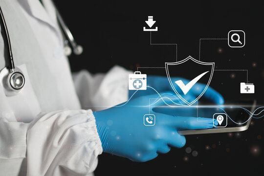Health Insurance Concept, Doctor work with Digital Healthcare AI App, Advanced Health care Analytics, Software, Lab Solutions for Medical Professionals in Modern Hospitals with Cutting Edge Technology