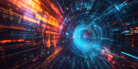 Fototapeta premium Futuristic digital tunnel with vibrant light trails and glowing data streams.