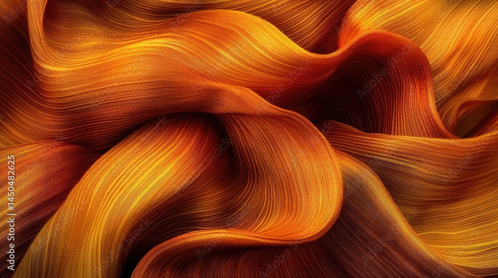 Poster wavy orange fiber strands cascade and intertwine, displaying striking depth and texture throughout t