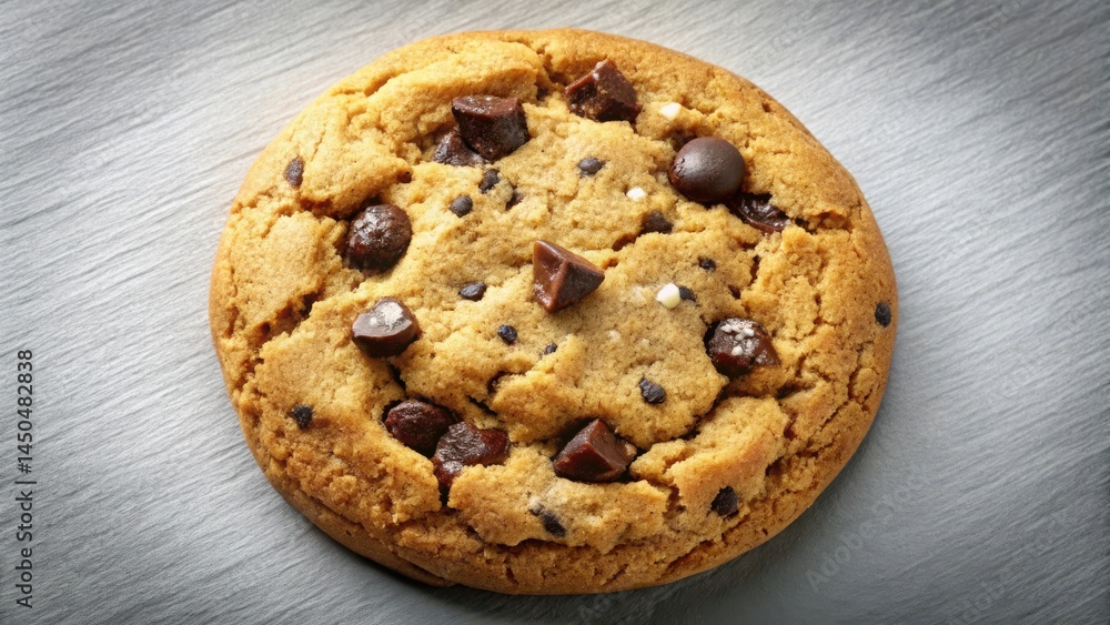 Poster close-up of a chocolate chip cookie with a golden brown crust and a melted chocolate chip in the cen