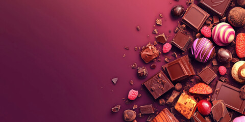 assorted chocolates and sweets on purple background with raspberries and chocolate pieces.