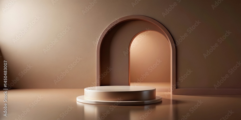 Aufkleber a minimalist mockup featuring a podium platform in front of an arched doorway with warm neutral tone