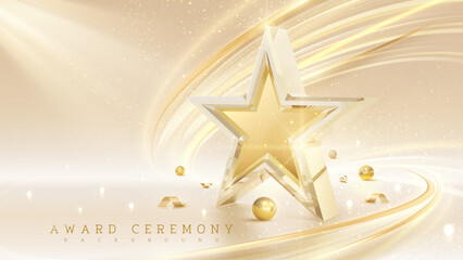 Realistic 3D transparent stars and golden frame with ribbon and ball with bokeh effect decoration, luxury award ceremony stage background vector illustration design in cream color.