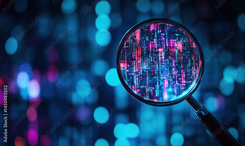 Aufkleber magnifying glass revealing colorful data patterns in a digital environment.