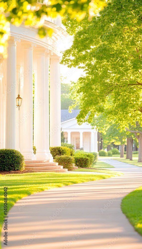 Poster sunlit pathway winds past classical columns and lush greenery towards a building