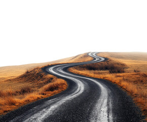 Winding road through golden fields rural landscape serene environment isolated on transparent background