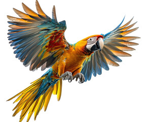 Flying macaw parrot in tropical environment vibrant feathered display view isolated on transparent background © Karina
