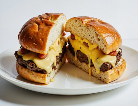 A delectable cheeseburger cut in half, revealing its juicy beef patty and melted cheese, served on a soft bun atop a pristine white plate - Powered by Adobe