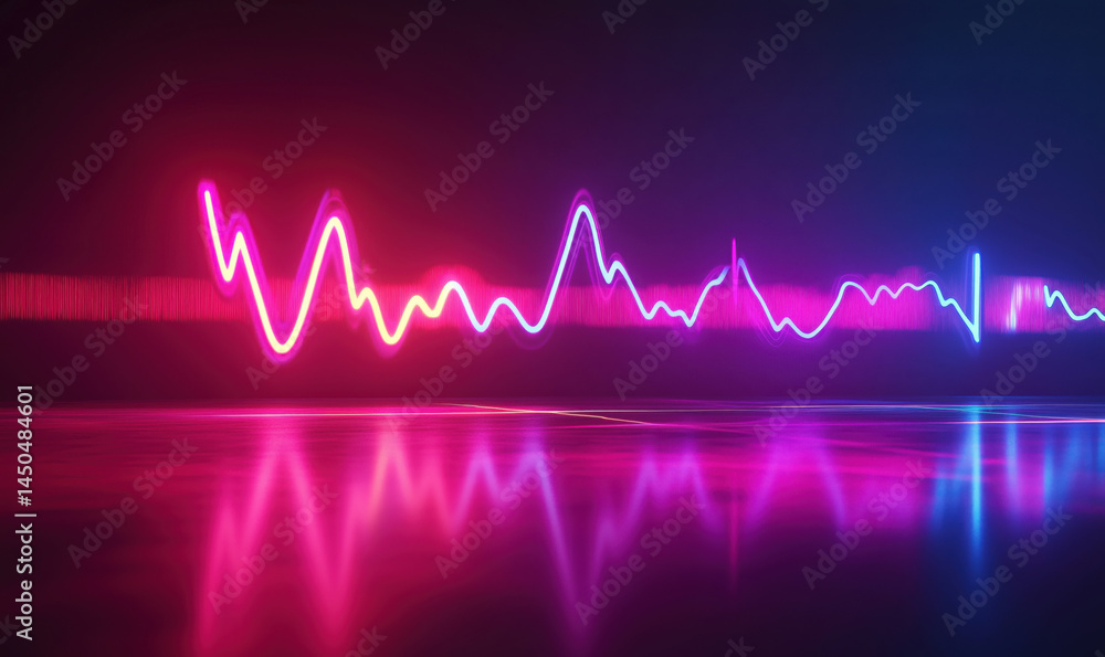 Poster colorful neon sound wave visualization with reflections and dynamic lighting effects.