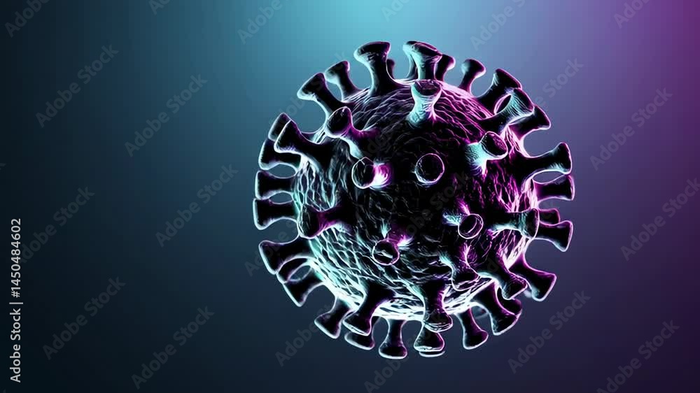 Poster microscopic rotating virus cell revealing intricate structural details under shifting neon colored i