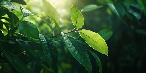 Fototapeta premium Lush green leaves illuminated by sunlight in a vibrant forest setting.