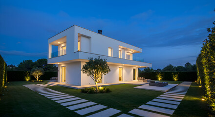 Fototapeta premium Contemporary Villa With Illuminated Garden At Twilight Hour Setting