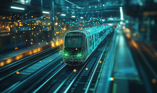 Futuristic train with digital connections in urban subway station environment.
