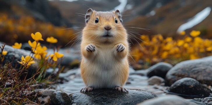 Curious Lemming Observing Nature Mountain Stream Wildlife Photography Autumn Landscape Close-Up Animal Behavior