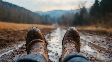 Muddy Boots Relaxing on a Country Path with Scenic Background