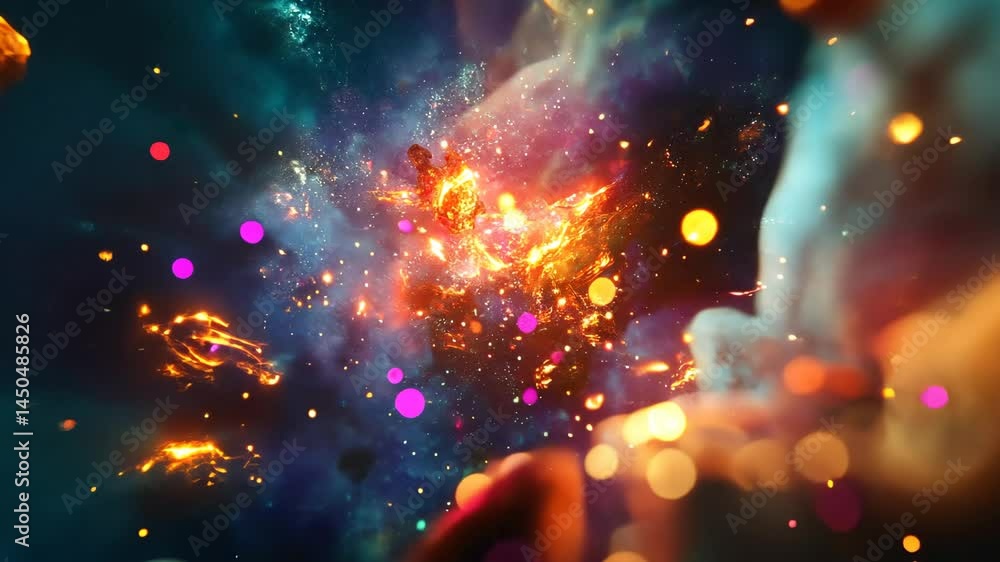 Poster dynamic cosmic explosion with colorful particles and ethereal motion