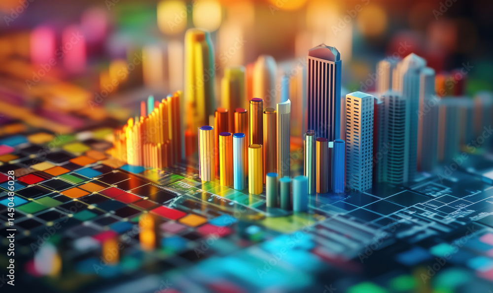Poster colorful 3d city skyline with vibrant data visualization elements and graphs.