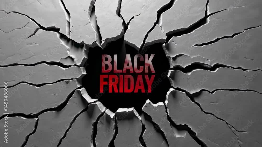 Poster Black friday sale text dynamically emerging through fracturing gray wall, visualizing breakthrough of remarkable shopping opportunities during seasonal retail event