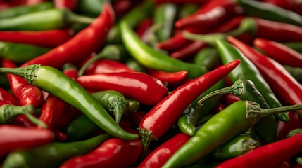 Hot peppers, piled with green and red, a vibrant spicy mix. A culinary close-up, ready for recipes and flavorful creations. Spice it up!