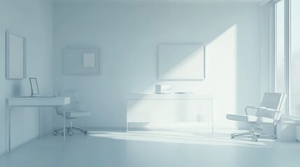 Modern, minimalist office space, bathed in natural light