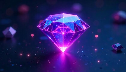 A glowing violet and blue diamond symbolizes digital wealth, crypto, and NFT ownership. Subtle binary code overlays enhance the futuristic theme, representing blockchain, created with generative ai