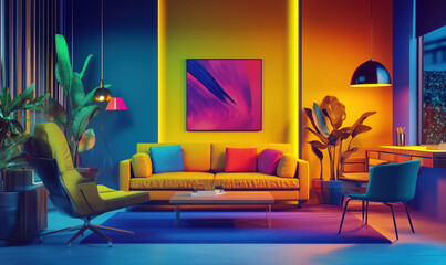 Vibrant modern living room with colorful decor and stylish furniture.