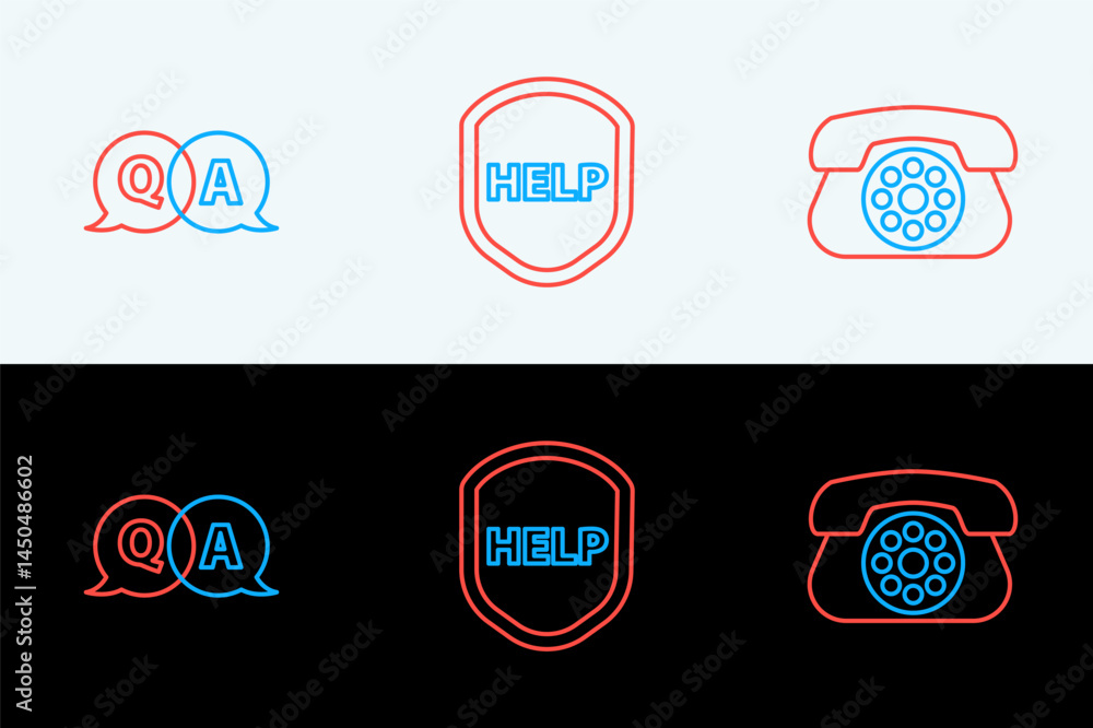 Poster set line telephone, question and answer and shield with text help icon. vector