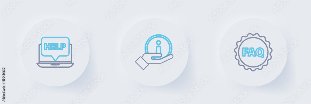Aufkleber set line label with text faq, information and laptop and help icon. vector