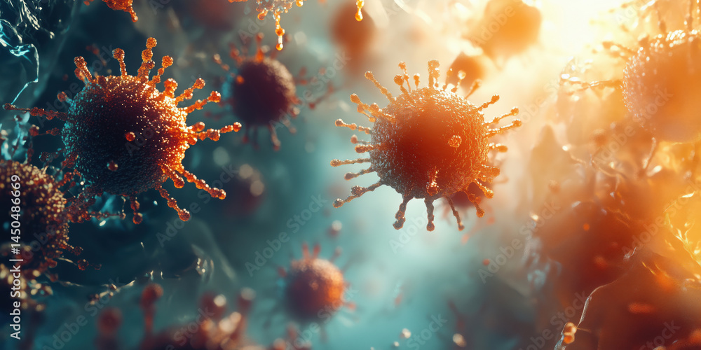 Poster microscopic view of viruses showcasing intricate structures and vibrant colors.