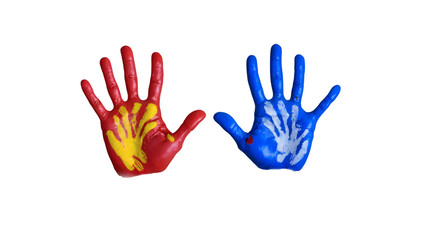 Obraz premium Red and Blue Painted Handprints on White Background