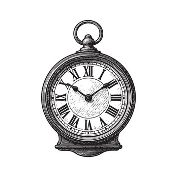 Analog wall clock woodcut engraving vector illustration