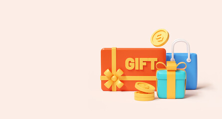 Gift card with money and coins. Online cash back concept, 3D Gift coupon or voucher illustration