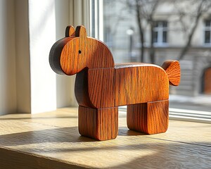 Wooden horse figurine, sunlit windowsill
