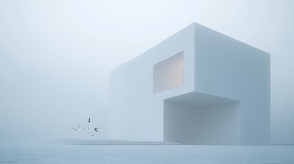 Minimalist modern house in a foggy landscape