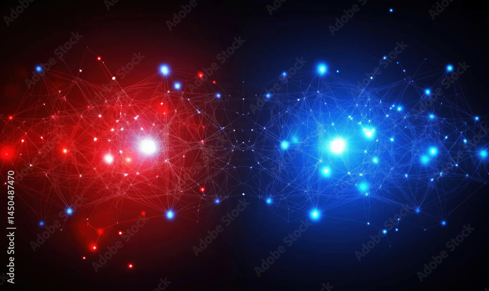 Poster abstract digital network visualization with red and blue glowing nodes and connections.