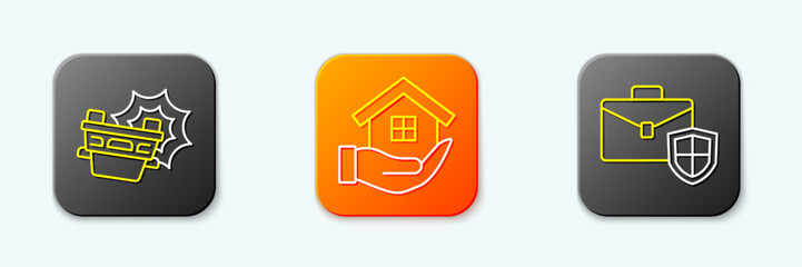 Fototapeta premium Set line Car accident, House in hand and Briefcase with shield icon. Vector