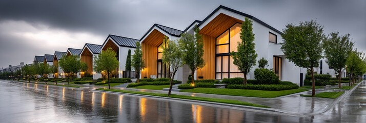 Modern houses in a row on a rainy day