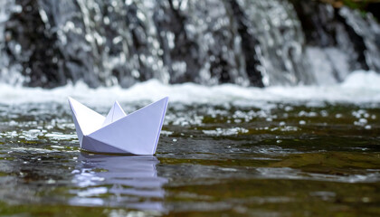 Obraz premium Paper Boat Floating Serene Waters: A Journey of Imagination Begins