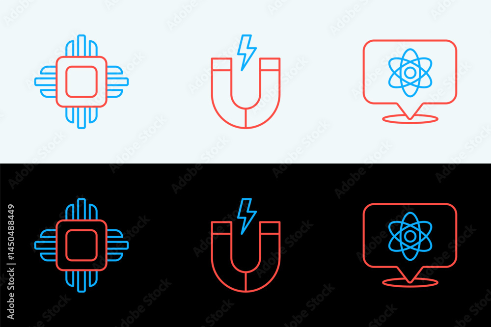 Poster set line atom, processor cpu and magnet icon. vector