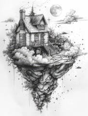 illustration of a castle on a rocky cliff standing above the clouds