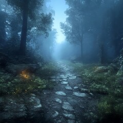 Fototapeta premium Stone Path Towards Light in Misty Forest