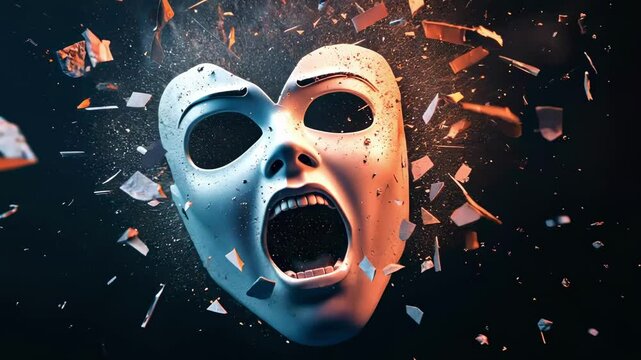 Realistic white screaming mask exploding on a dark background, revealing its fragility and hidden emotions through a dynamic and dramatic shattering process