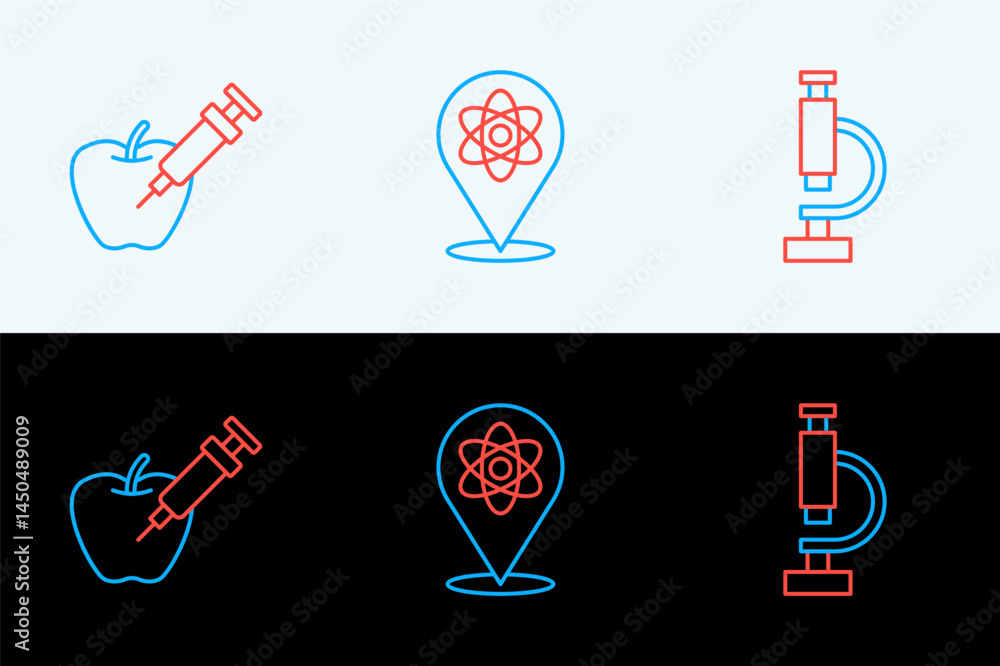 Poster set line microscope, genetically modified apple and atom icon. vector