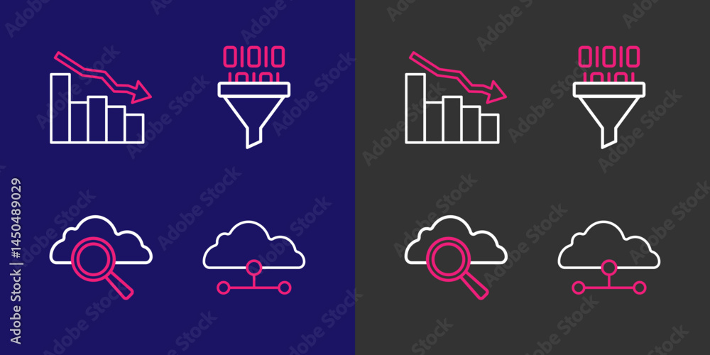 Poster set line network cloud connection, search computing, binary code and financial growth decrease icon.