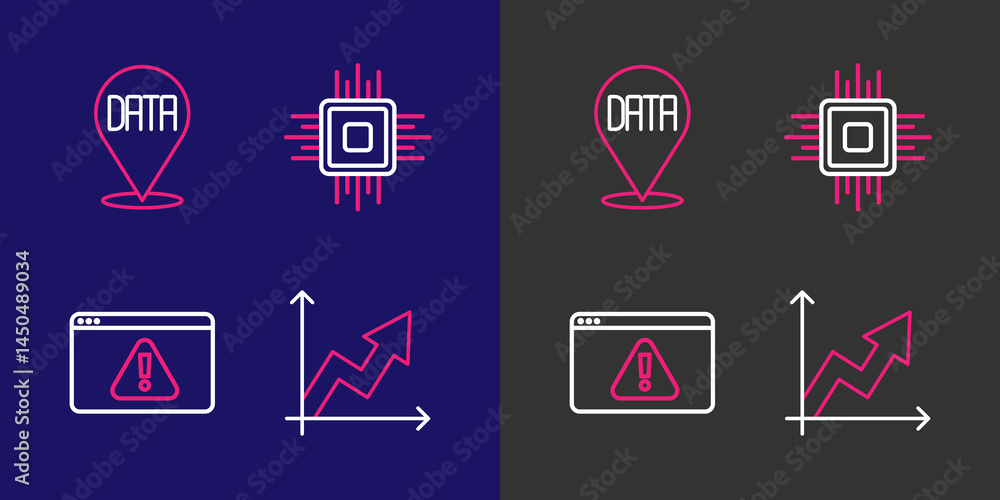 Poster set line financial growth, browser with exclamation mark, processor cpu and data analysis icon. vect