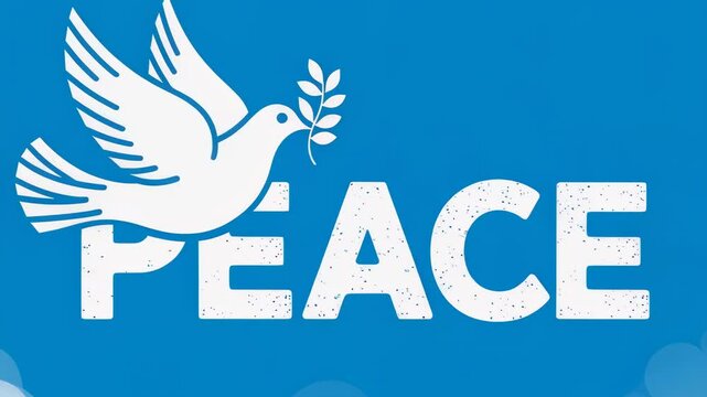 White dove holding olive branch above "peace" text on blue background. International day of peace greeting card, unity and tranquility hope concept.