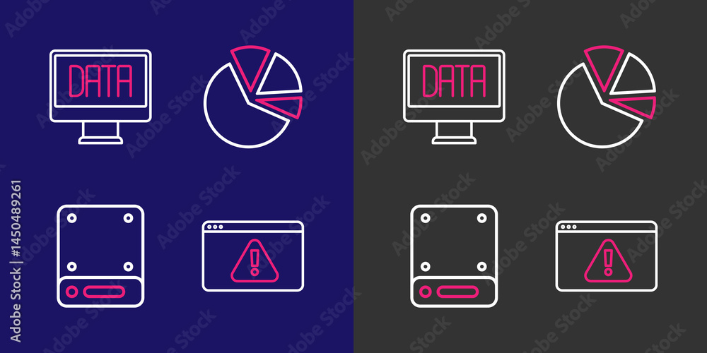 Poster set line browser with exclamation mark, server, pie chart infographic and data analysis icon. vector