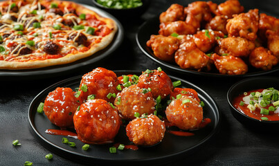 Delicious Asian-inspired meatballs with pizza and crispy chicken on black table.