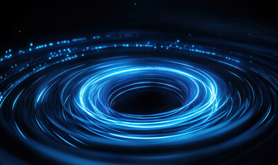 Futuristic blue vortex with glowing light trails and swirling motion effects.